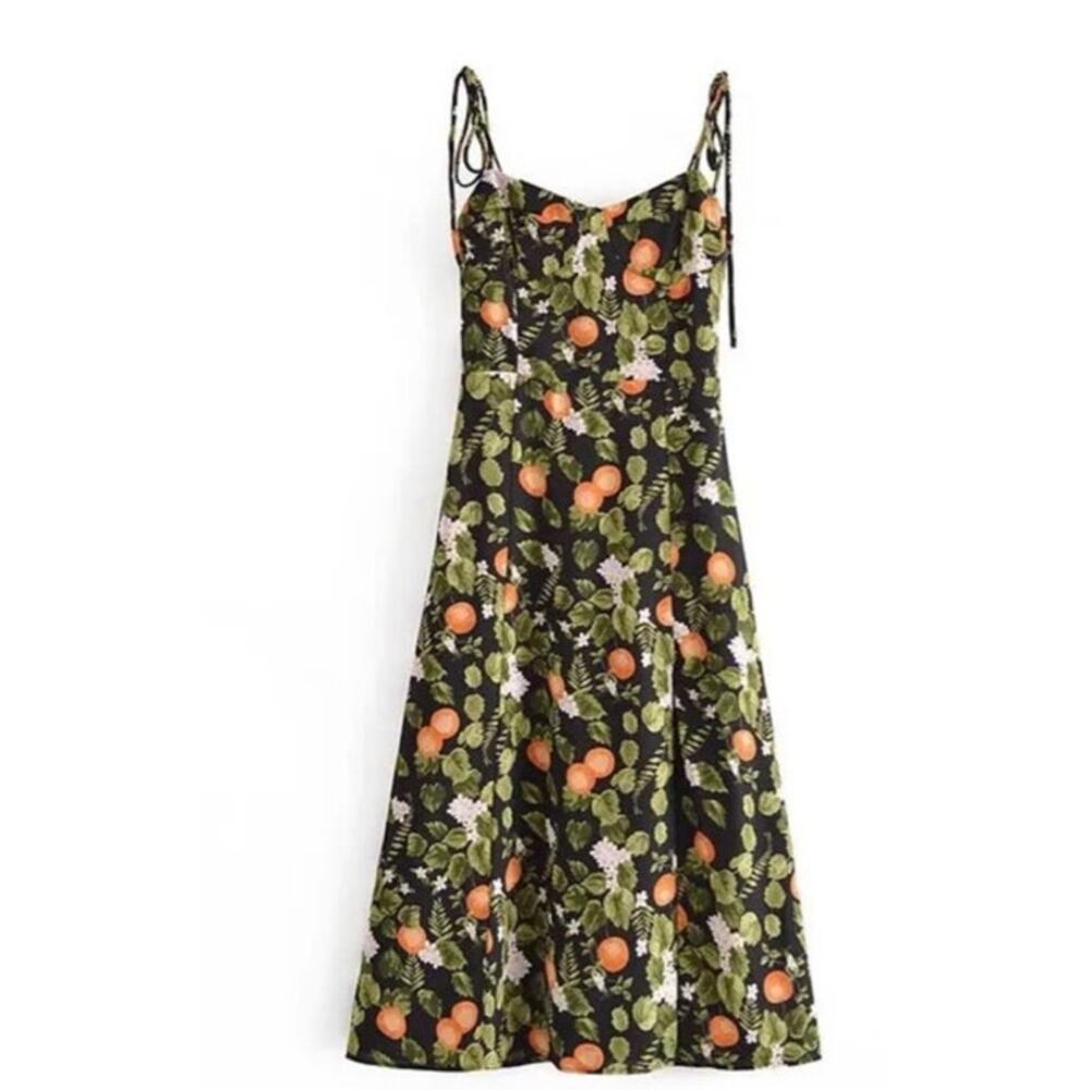 Moonsea Fruit Print Side Slit Cottagecore Summer Midi Dress Size Large‎